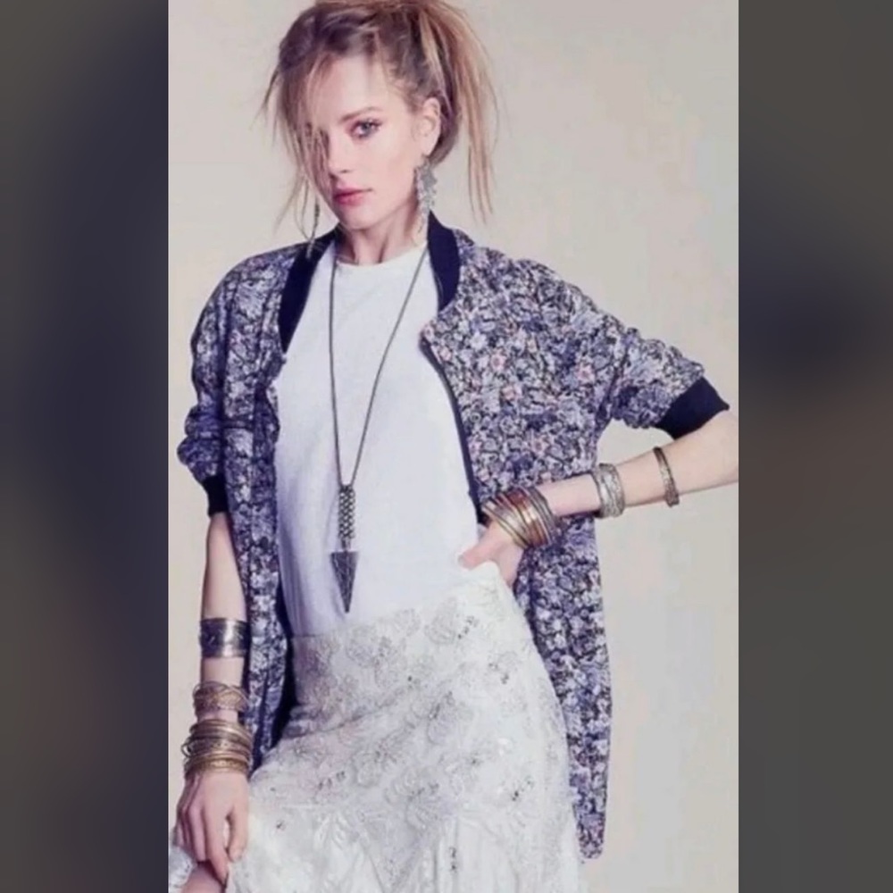 Free People Floral Baseball Jacket Long Size Large Soft Lined